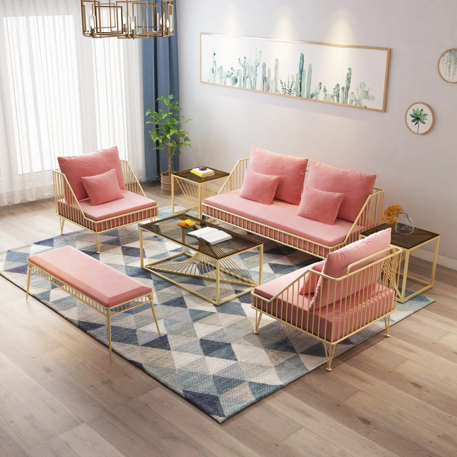 

&Metal Art Nordic Modern Corner Sofa Coffee Table Set Fabric Cover Sponge Filling Apartment Hotel Reception Areas