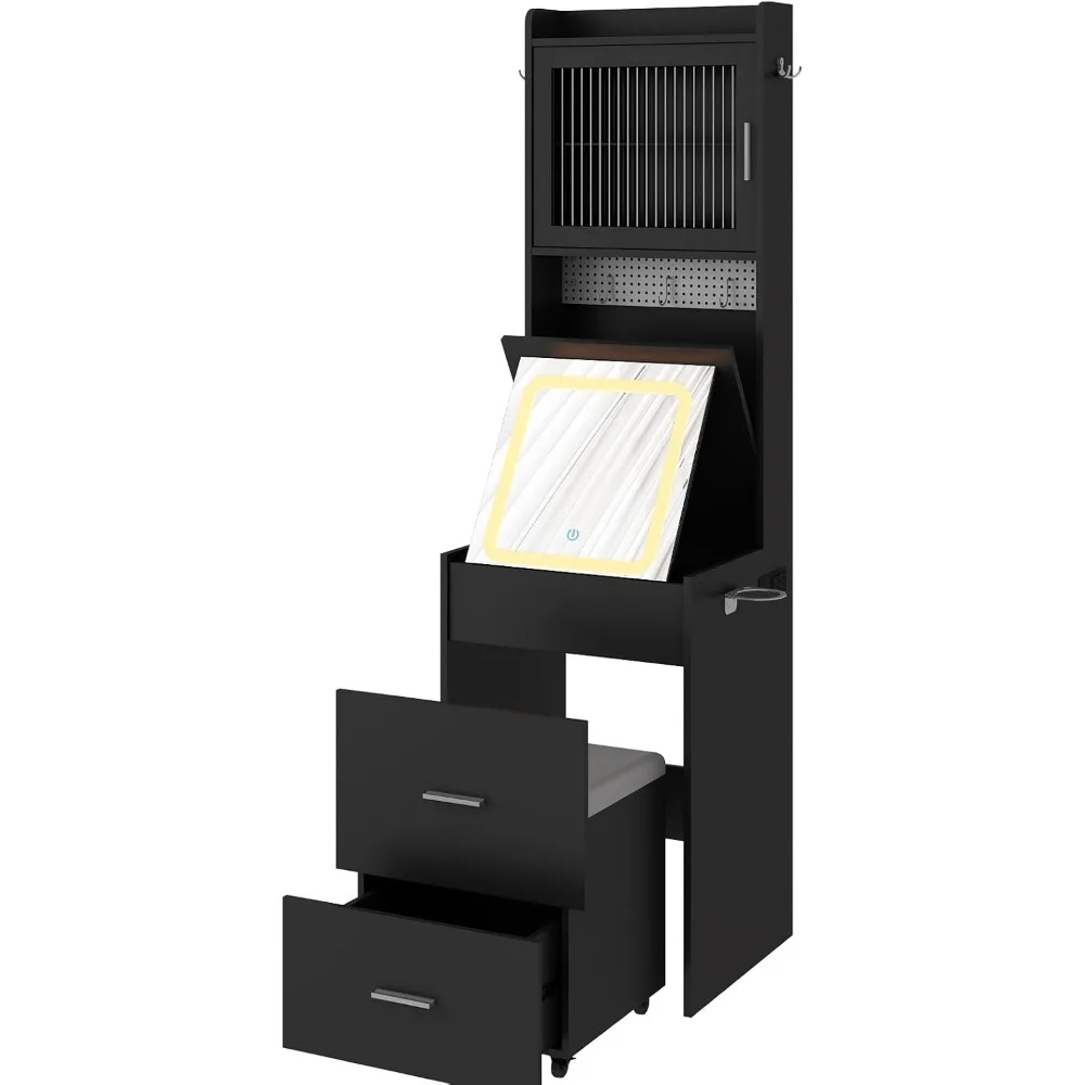 مجموعة طاولة زينة سوداء صغيرة، ومرآة LED ومحطة شحن، ومساحة صغيرة لتخزين غرفة النوم #1