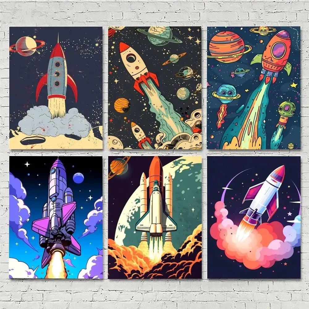 1pc Cartoon Simple Drawing Of Rocket Posters HD Print Vintag