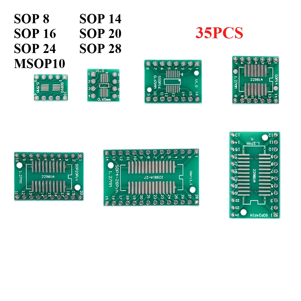 Комплект печатной платы 35 шт. MSOP10 SOP8 SOP14 SOP16 SOP20 SOP24 SOP28 SMD Переходник-переходник для DIP-адаптера SOP 10 8 14 16 20 24 28