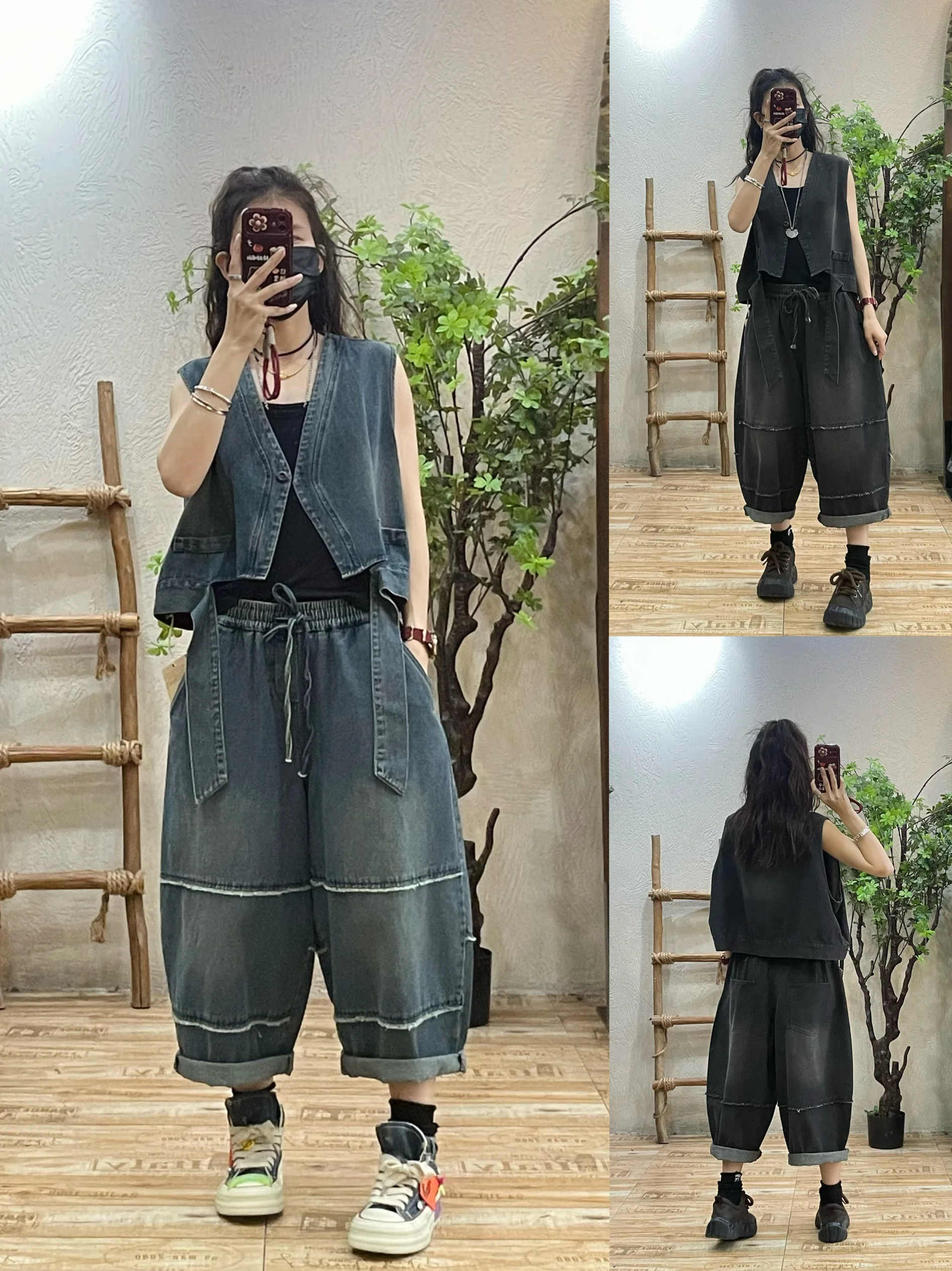 

Женский джинсовый комплект из двух предметов: жилет и повседневные брюки, свободный крой, стройнящий, в стиле пэчворк, модель «Харлан», девять частей, весна-лето, новый модный комплект