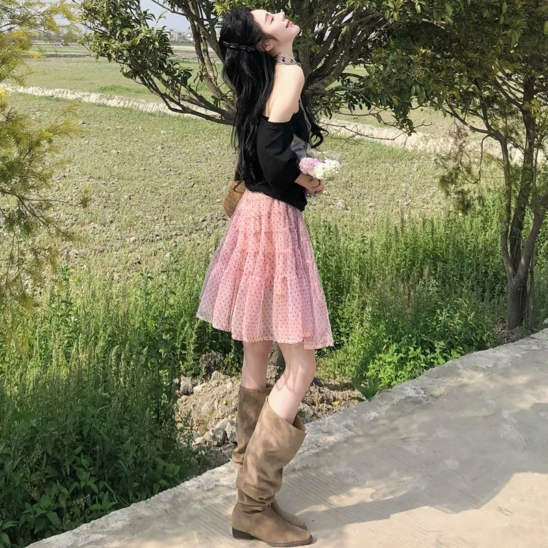 2026 Summer Gentle Versatile Sweet Pink Polka Dot Skirt for Women Korean High Waist Slim Fit and Slimming Mesh Cake Short Skirts