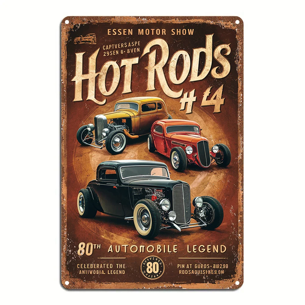 Letrero de metal de aluminio vintage para pared, "Hot Rods". # 4" 80th Automobile Legend - Placa coleccionable Essen Motor Show, preperforada