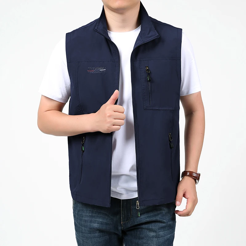 Vestes en fibre de plein air pour hommes, vêtements de sport décontractés, col montant, fermeture éclair, mode estivale, poches, épissé, gilets droits