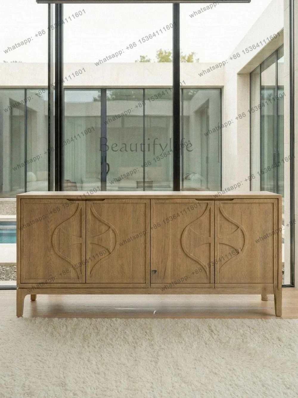 

American Nordic modern simple solid wood dining side cabinet light luxury storage geometric carved decorative cabinet