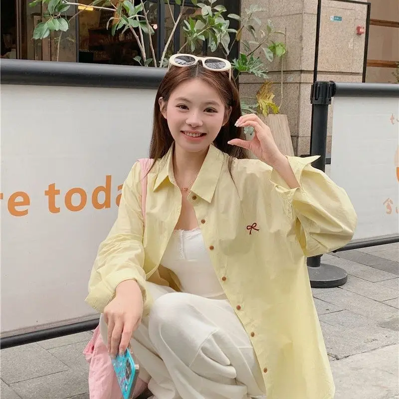 Bow Print Loose Korean Shirt Tops Spring Autumn New Long Sleeve Polo Neck Lazy Style Casual Blouse Fashion Sweet Women Clothing