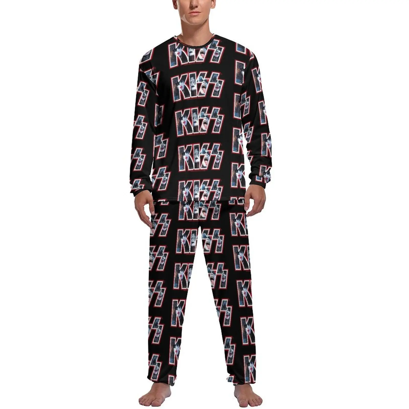 

Kiss Band Photo Pajamas Long Sleeves Kiss Logo Print 2 Pieces Aesthetic Pajama Sets Winter Male Custom Fashion Sleepwear