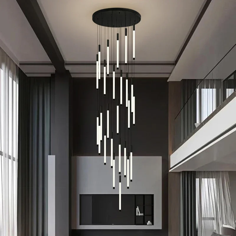 

Spiral Design Strip Staircase LED Chandelier Modern Black Gold Simple And Atmospheric Hotel Lobby Villa Hanging Long Chandelier