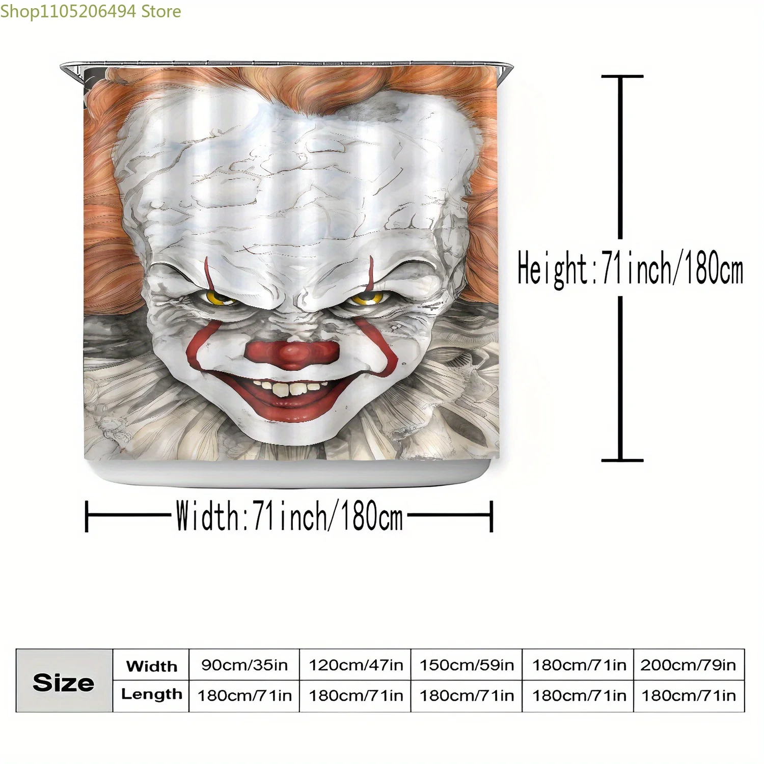 

1pc Warner Bros. Pennywise Shower Curtain - Spooky Clown Design, Polyester Fabric, Easy to Clean, Includes 12 Hooks, Multiple
