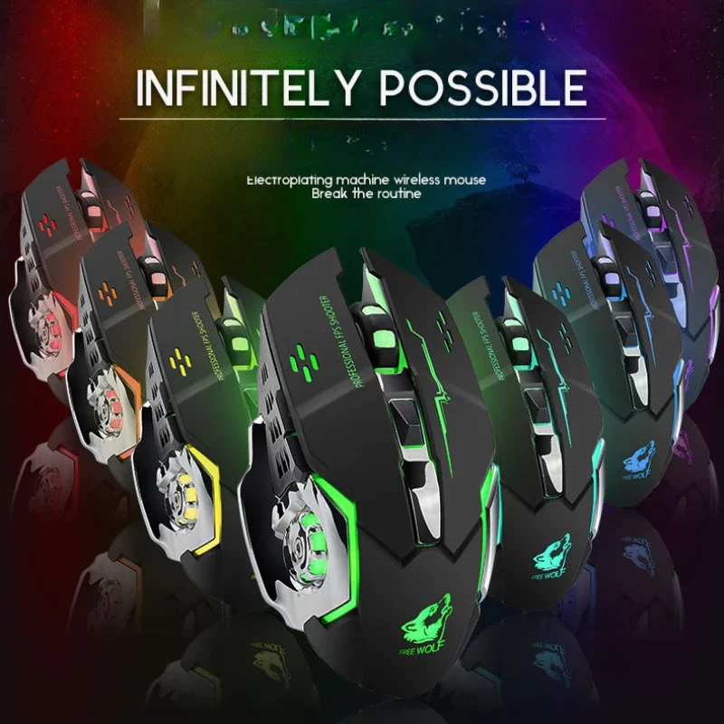 Free Wolf X8 Wireless Game Mouse Mute  Backlit Mechanical Mouse Ergonomic Charging Optical Mouse for PC Laptop Desktop