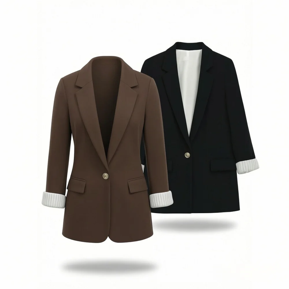 

Новый женский модный повседневный пиджак 2026 года с отложным воротником, длинными рукавами, дизайнерскими подплечниками и принтованными манжетами