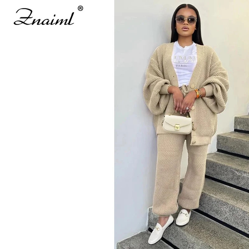 

Znaiml Women's Loose 2 Piece Knitting Set Long Sleeve Cardigan Sweater And Wide Leg Pants Casual Autumn Winter Outfit Knitwear
