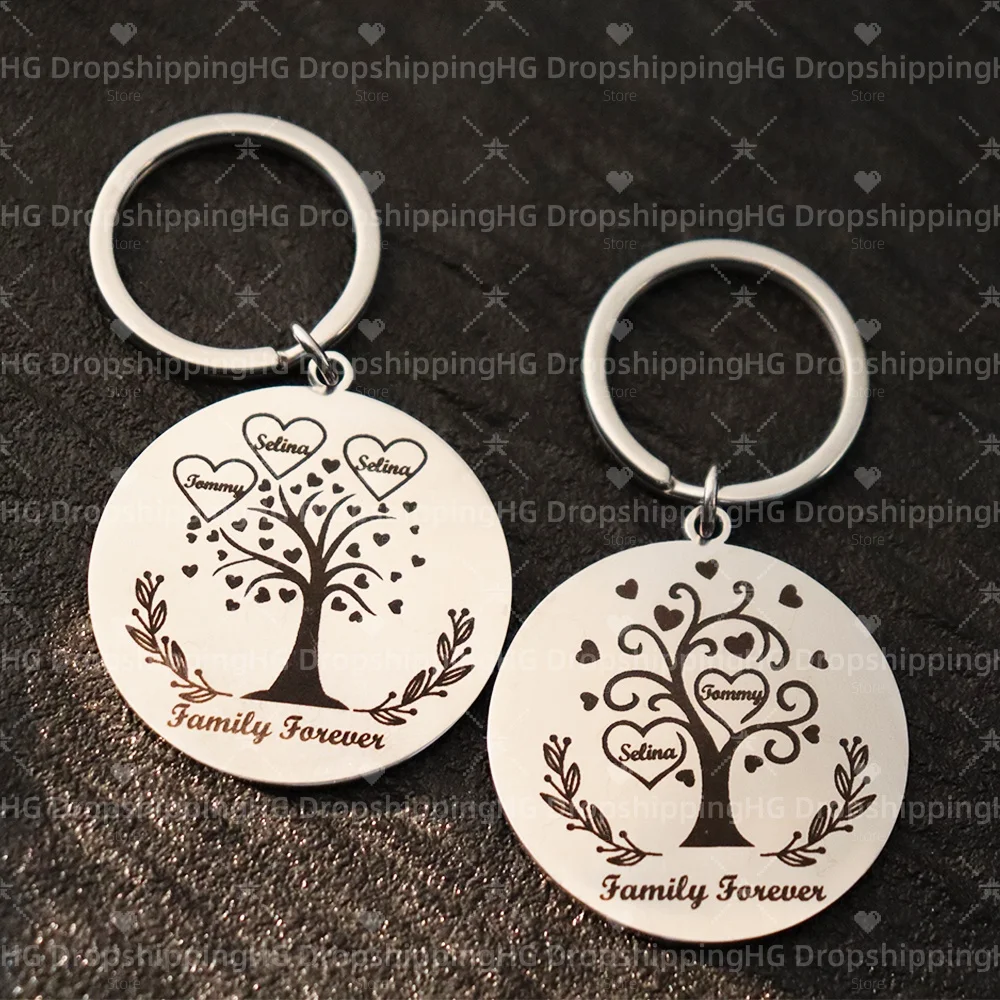 Custom Engrave Family Members' Name Keychain 35mm Round Stainless Steel Keyring Personalized Gift For Family Men Women Birthday