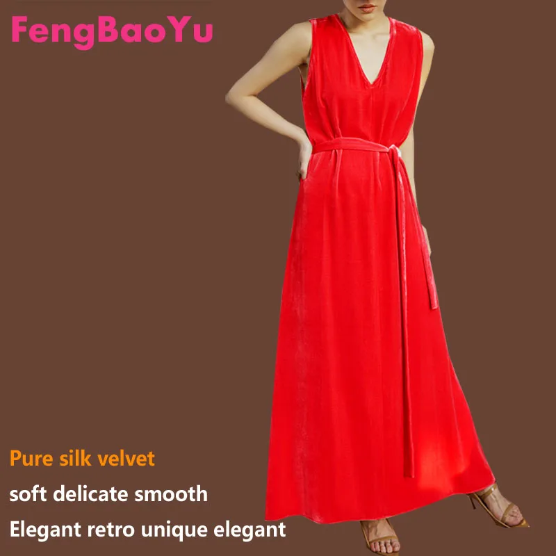 Fengbaoyu-Silk Velvet Sleeveless V-Neck Long Skirt Women, Lady's Knitted Dress, Luxury Designer, Birthday Party, Spring, Summer