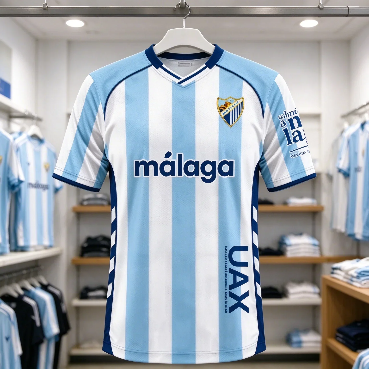 2026 Malaga CF Home Soccer Jersey Unisex Light Blue White Striped V-neck Short Sleeve Fan Quick Dry Football Sports Top