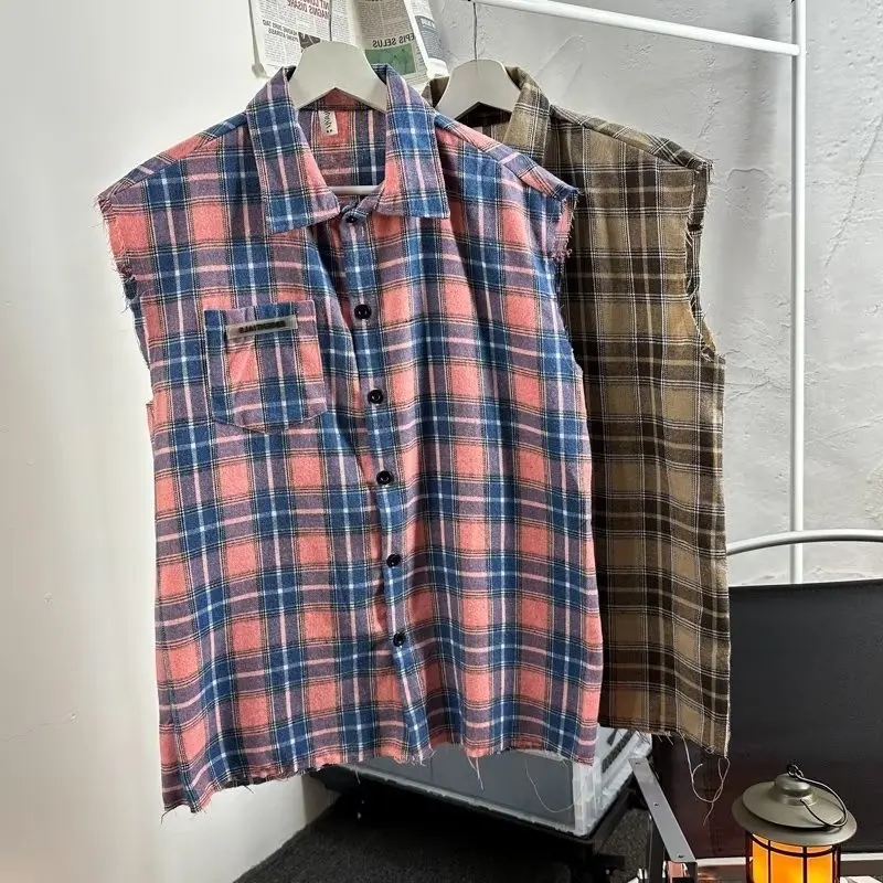

Retro American Hip Hop Plaid Long Sve Vest ex Trendy Streetwear Workwear Jaet Loose Fit Iron Free Autumn Wear