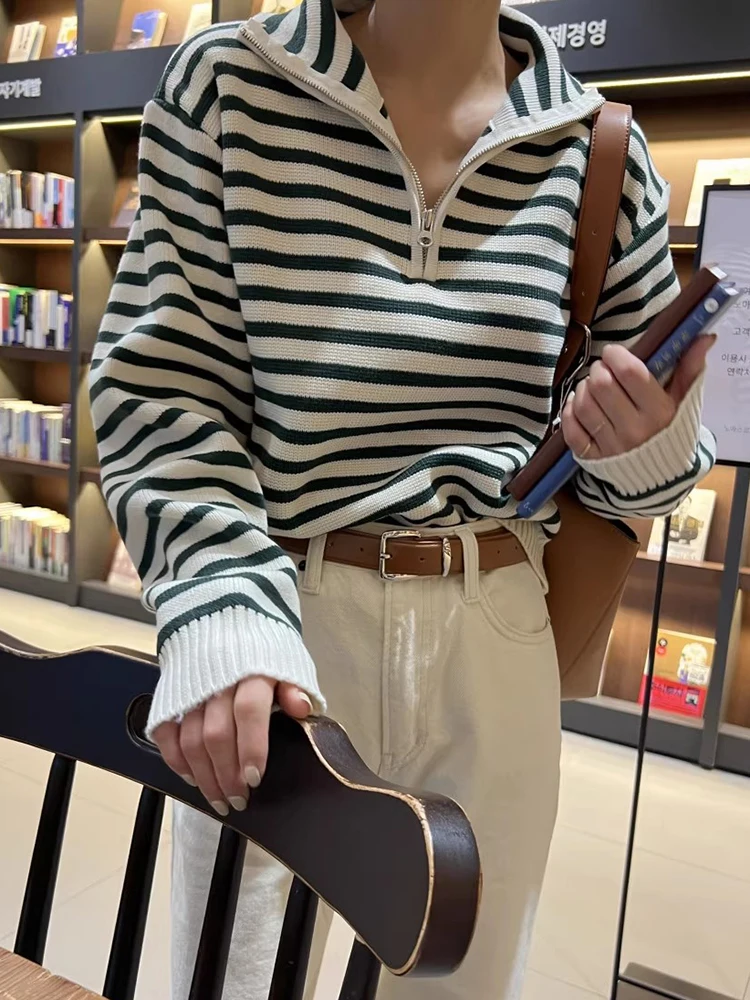 

Gagarich Korean Autumn Winter French Lazy Flip Collar Half Zipper Loose Casual Color Contrasting Stripe Knitted Sweater Women