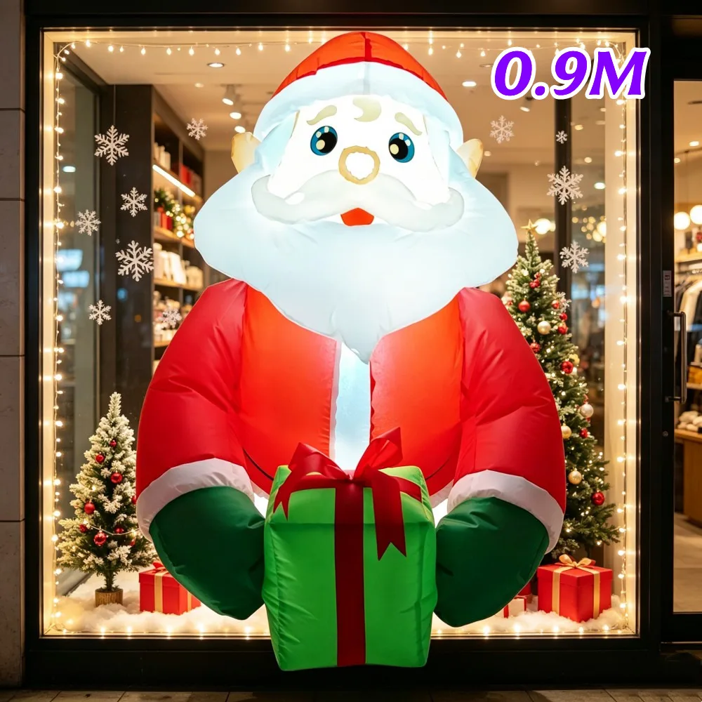 0.9M Christmas Inflatable Santa Claus Holding Gift Box Climbing Window built-in LED Lighting For Home Holiday Party Decoration