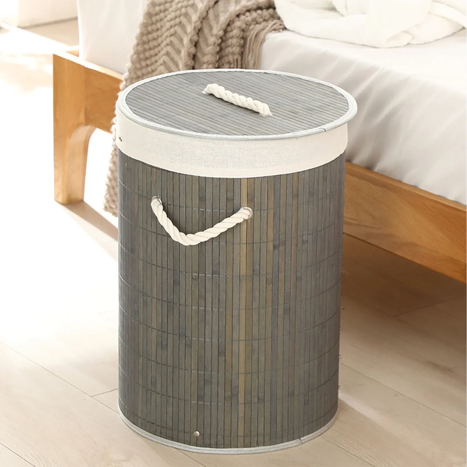 Large Capacity Foldable Laundry Basket Grocery Basket Bamboo Dirty Clothes Storage Bucket For Home Original Color Round