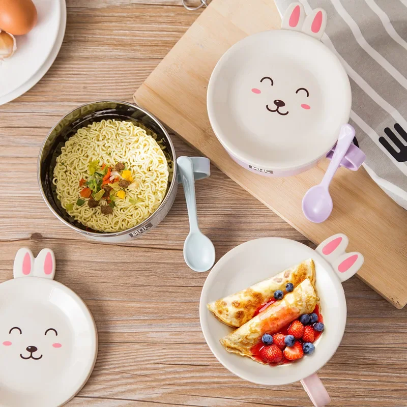 Stainless Steel Double-layer Ramen Noodles Bowl Anti-scalding Instant Noodle Bowl Cute Bunny with Lid and Spoon Tableware Random