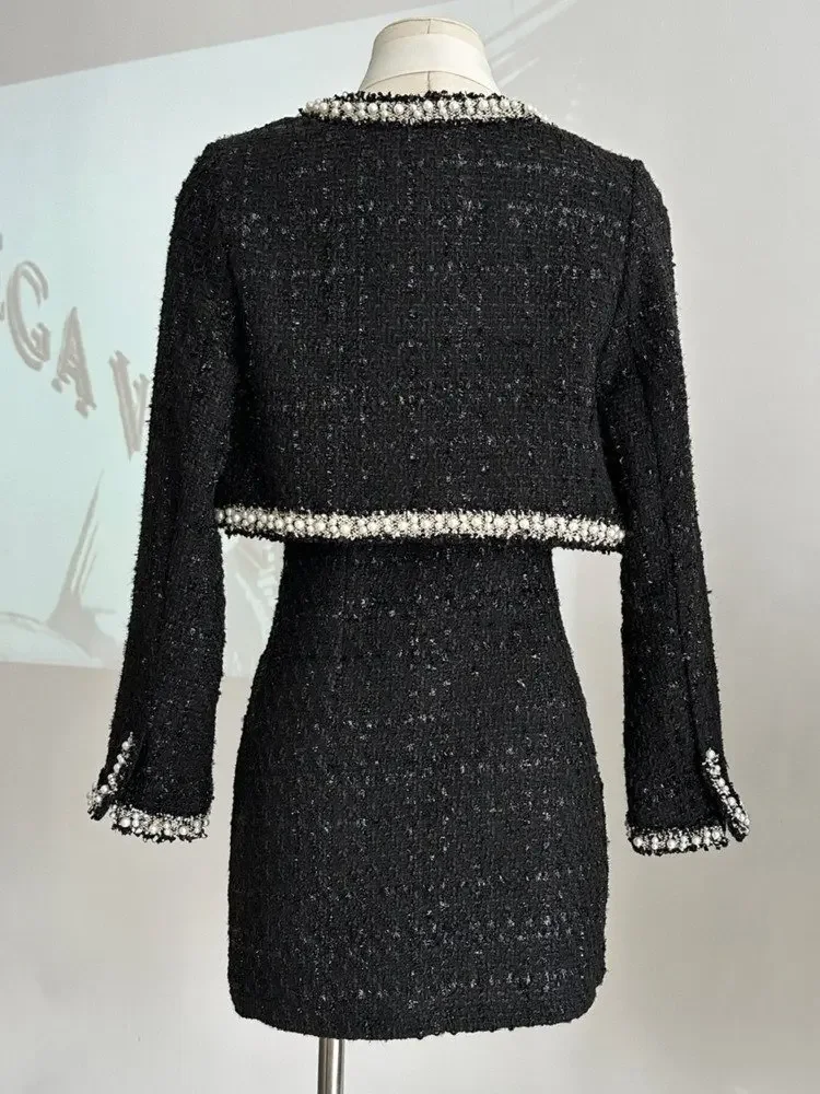 Women Short Jacket Coat + Dress Sets Y2K Streetwear 2 Piece Suit High Quality French Luxury Small Fragrance Tweed Two Piece Set view 3
