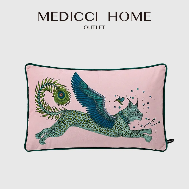 Medicci Home GG Style Inspired Lynx Luxury Lumbar Pillow Cover In Coral Mystical Animal Themes Decorative Cushion Case For Villa