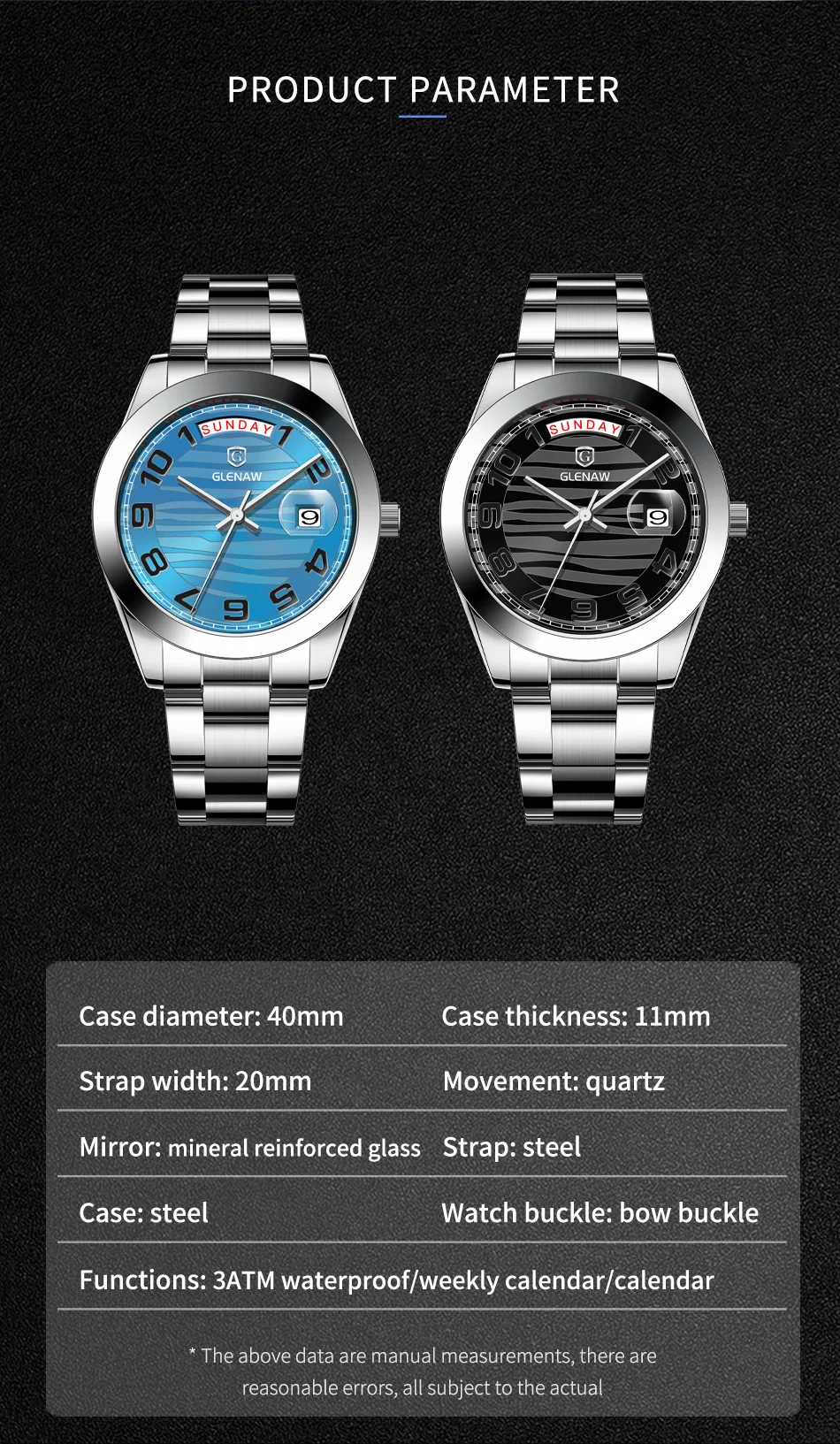 GLENAW classic quartz watch stainless steel waterproof week watch top brand luxury fashion sports water ghost clock reloj hombre