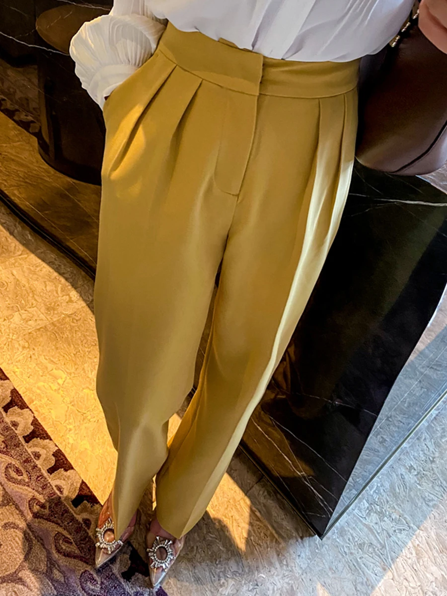 

Желтые брюки с высокой талией и широкими штанинами, женские классические брюки, корейский стиль, смесь хлопка, прямой крой, длинные брюки