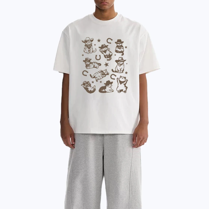 

Funny Cat and Cowboy Kittens Crew Neck Oversized Tee shirt Men Women Summer short sleeve 100% Cotton T shirts Unisex Casual Tops