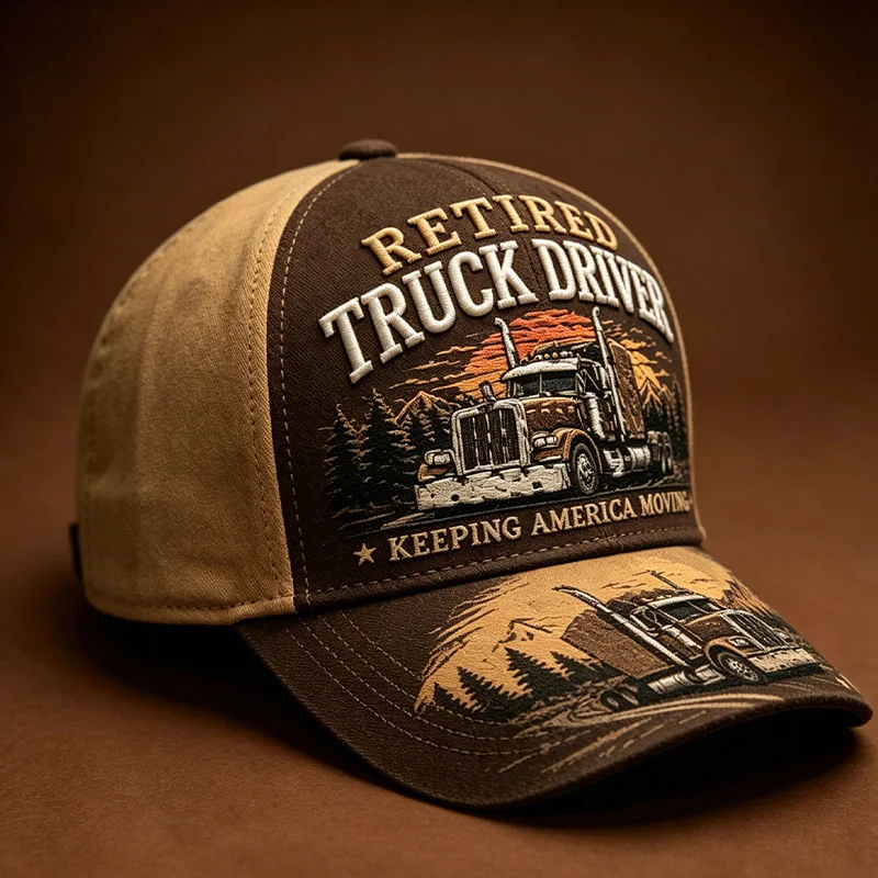 Custom Large Retro Semi-Truck Driver Hat with Two-Tone Snapback Cap & Big Rig Sunset Mountain Print - Suitable for Retired Drive