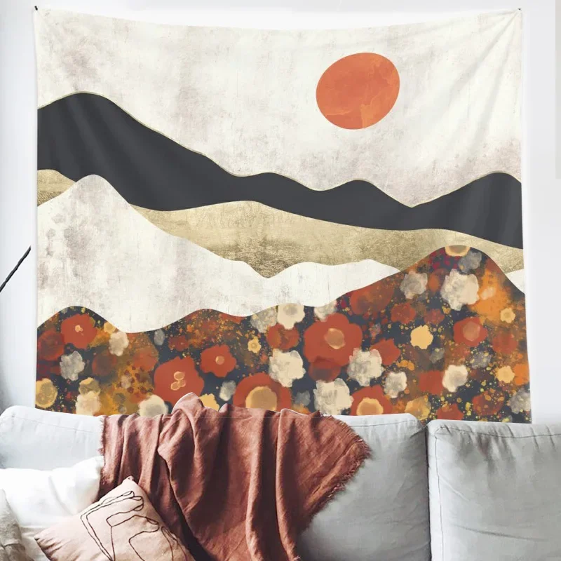 Tapiz con estampado de montaña y puesta de sol, tapiz decorativo de Mandala con ondas de agua de mar, decoración india para el hogar, manta colgante de pared grande Hippie