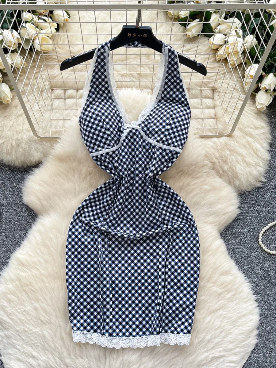 Foamlina moda Pure Desire vestido con cuello en V mujeres 2025 verano encaje Patchwork Halter Correa ceñido al cuerpo Mini vestido a cuadros