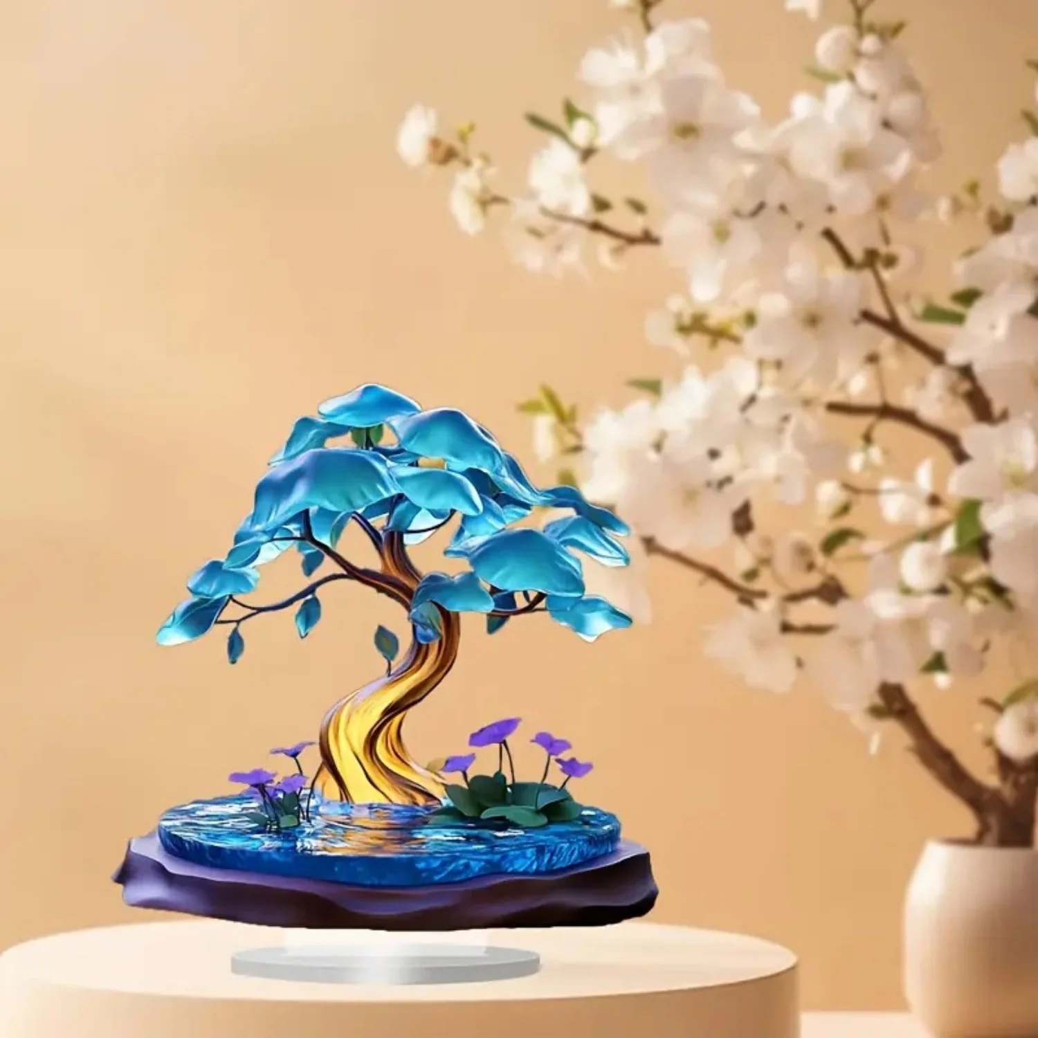 Blue Tree of Life Statue,2D Flat Plant Acrylic Figurine,Home,Office,Cafe,room,display Case,Table Ornament Desktop Decor Kit