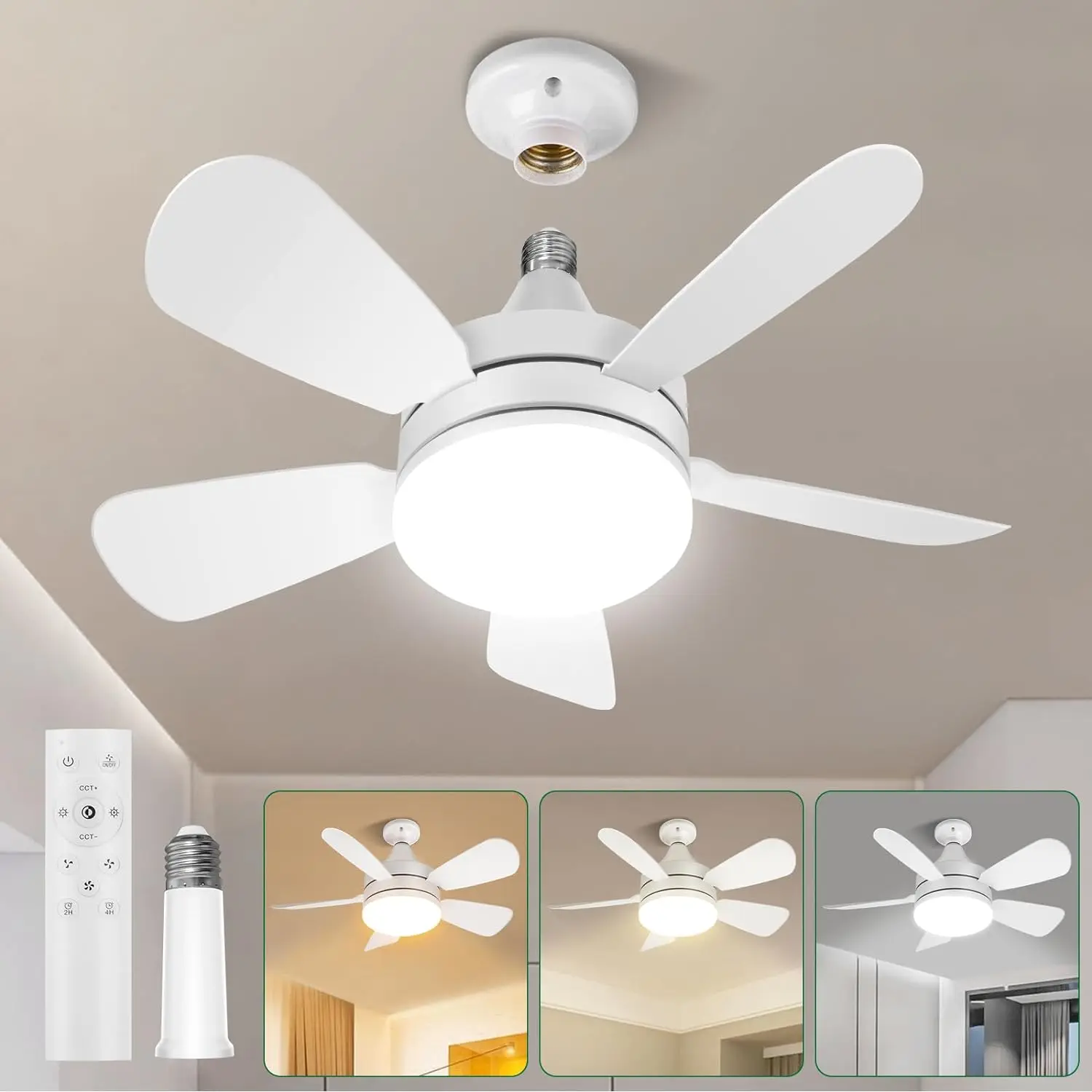 Socket Fan Light with Remote 2000 Lumen Screw in Ceiling Fan in Light Socket Noiseless Socketfan with 3 Speeds, 2 Timers