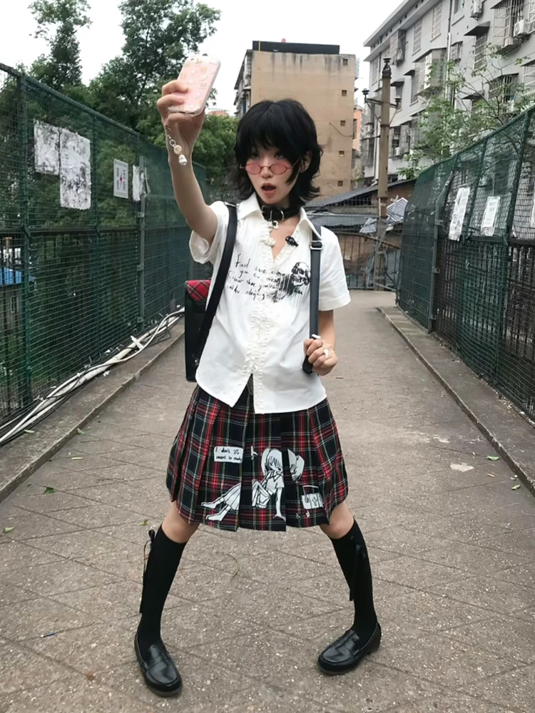 Y2k japonês com decote em v camisa fina moda feminina manga curta camisetas impressão harajuku vintage americano retro 90s casual topos verão