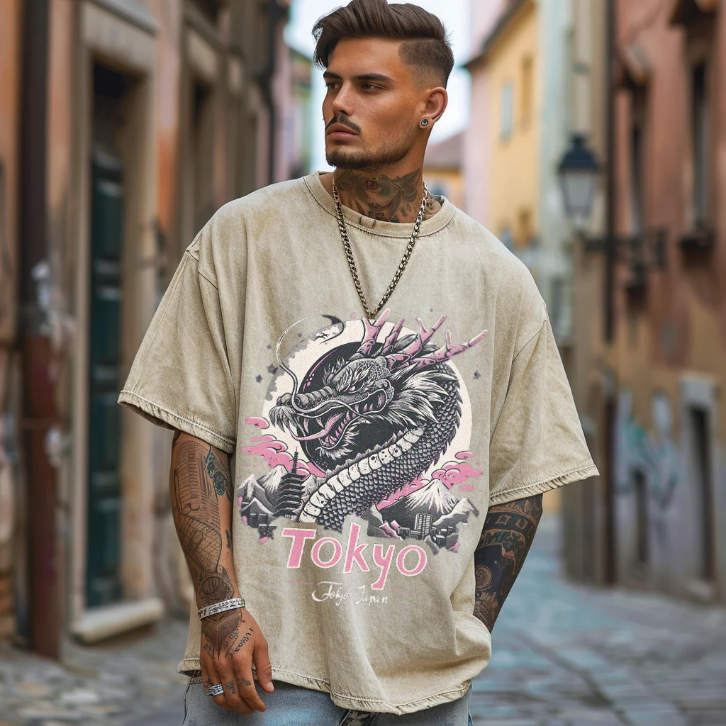 Ukiyoe Dragon Shirt Japan Tokyo, Hiphop Tops Y2K Washed T-shirt, Oversized Streetwear Vintage Washed Surf TShirts For Men Women