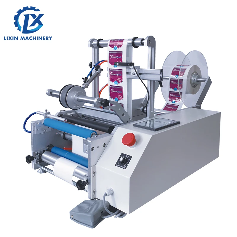 

LX-T190A Semi-automatic Double Side Round Glass Plastic Wine Drinks Bottle Labeling Machine Label Applicator for Small Business
