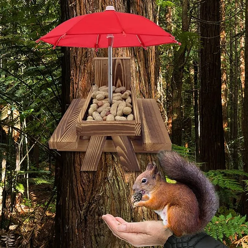 Squirrel Feeder Picnic Table With Umbrella,Wooden Squirrel Feeders For Outside,Cute Chipmunk Feeder+Solid Structure Easy To Use