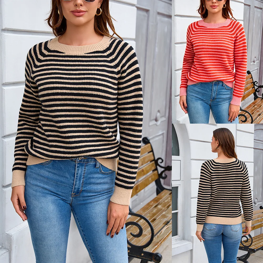 MsChuh Women's Sweaters And Pullovers Striped Crew Neck Knit Pullover Long Sleeve Relaxed Ropa Mujer Casual Autumn Daily Outfit