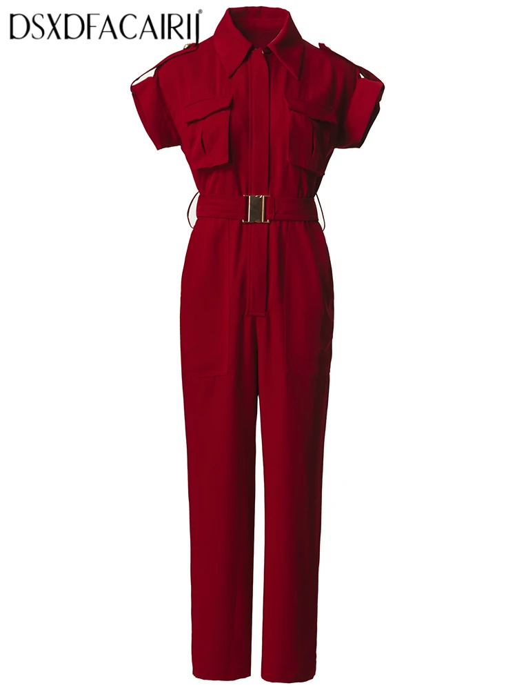 

DSXDFACAIRIJ Women's Red High Street Jumpsuit with Turn-down Collar And Short Sleeves Spring Fashion Sashes Detail