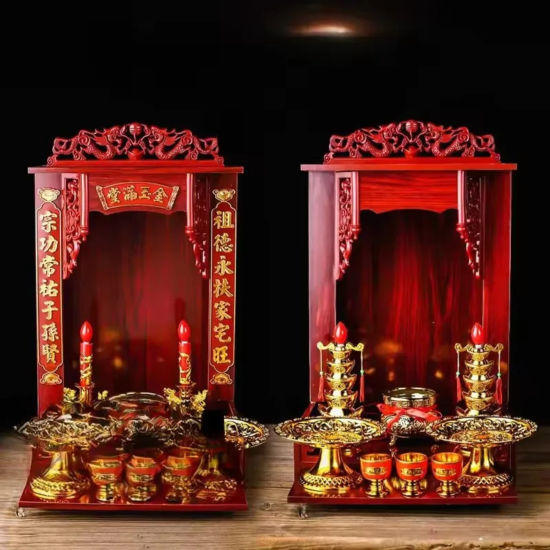 Ancestral Tablet Wall Cabinet， Blank Spirit Tablet Shrine for Home Altar， Hanging Offering Cabinet with Treasures Fill the Home