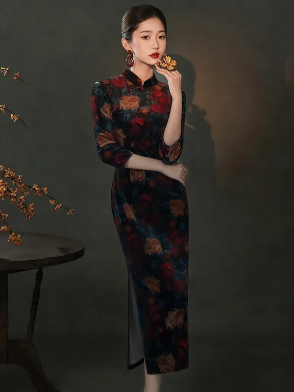 

Ele Long Velvet Qipao with Slimming Fit And Long Sves Vintage Sle Women's Faionable Spring Autumn Traditional Chin...