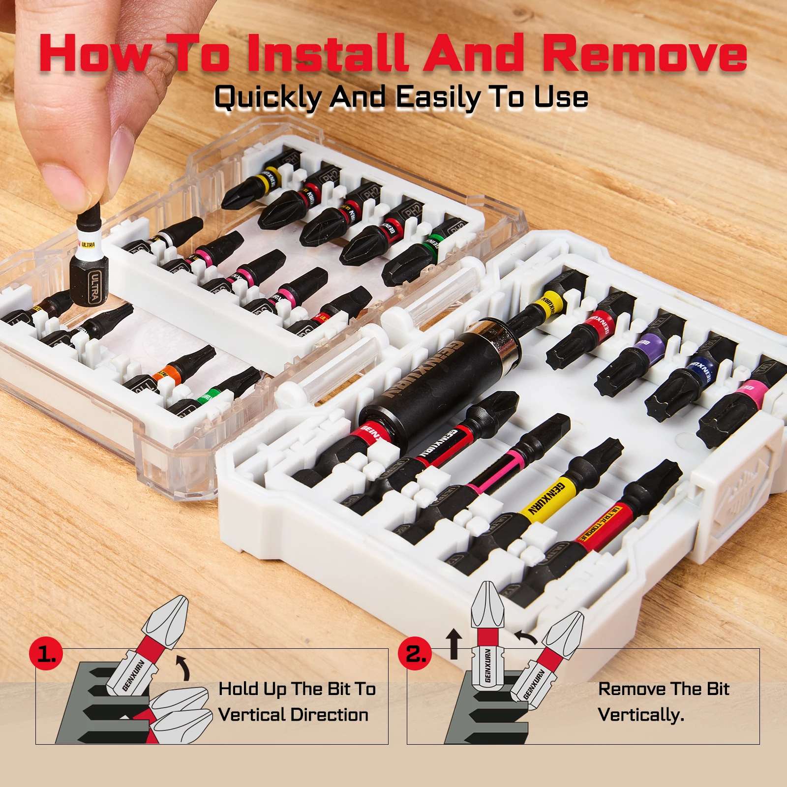 Geinxurn 25-teiliges Schlagschrauber-Bit-Set mit extremem Drehmoment, gemischte Bitspitzen mit mehreren Einsatz, Bithalter und Aufbewahrungskoffer
