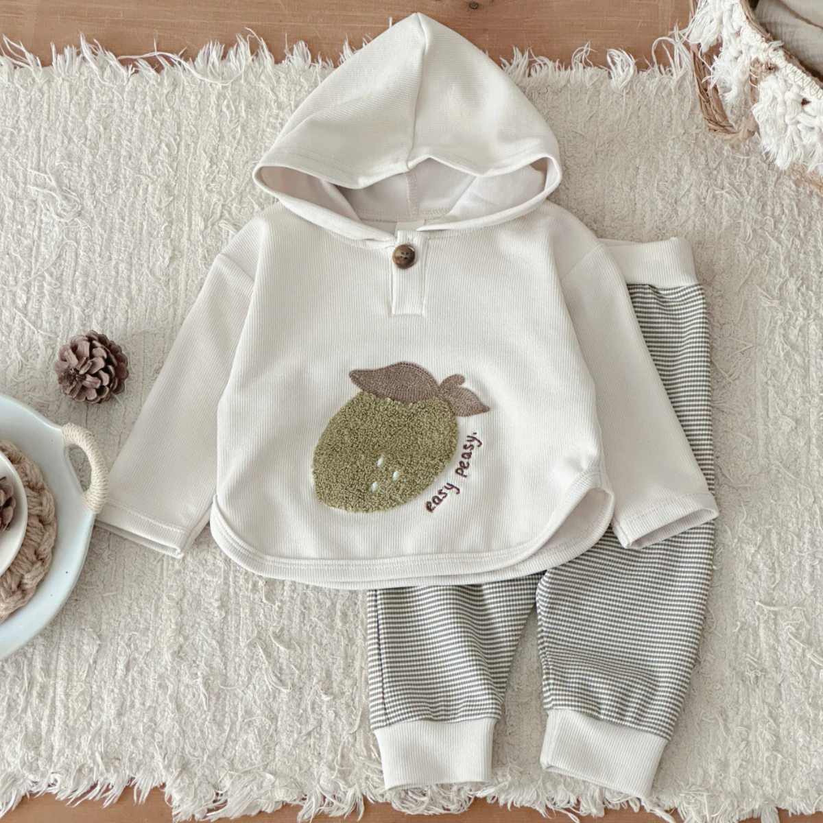 Toddler Baby Pear Clothes Set Lapel Embroidery Long Sleeve Top Elastic Waist Striped Pants Knit Outfit For Spring Daily Wear
