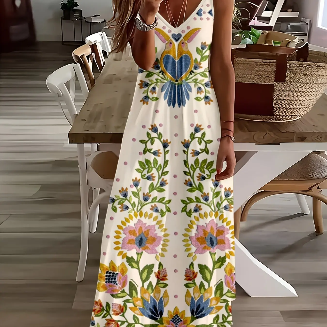 Casual Elegant Sleeveless Long Dress Summer Fashion Casual V-neck Long Dress Fresh Marble Print Street Fashion Women\'s Dress