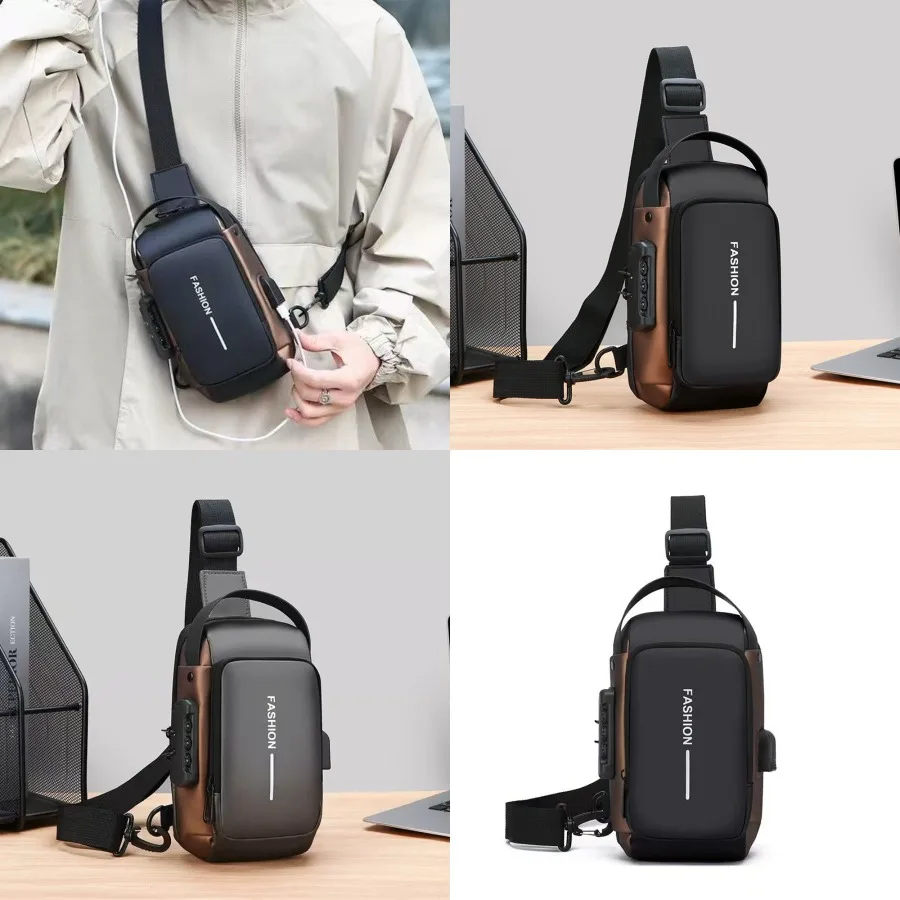 

【New style】- multifunctional combination lock fashionable chest bag men's large-capacity portable commuter mobile phone locomot