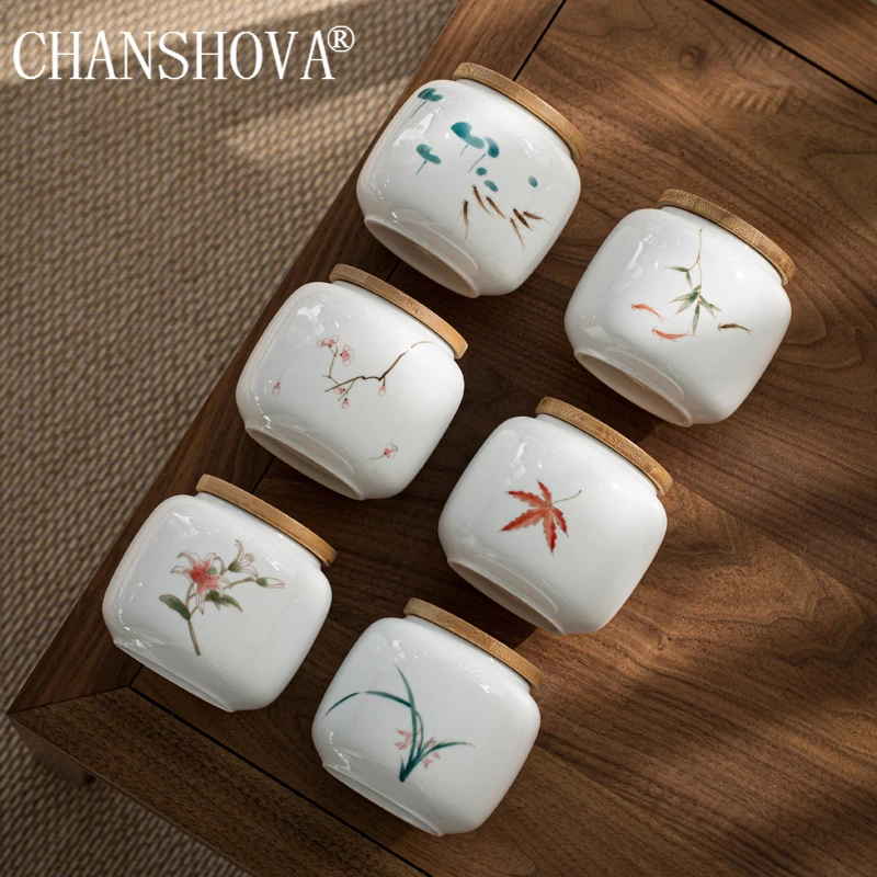 

CHANSHOVA-Traditional Chinese Style Handpainted Ceramic Tea Box, Sealed Tea Container, White Porcelain Tea Storage Tins, H671