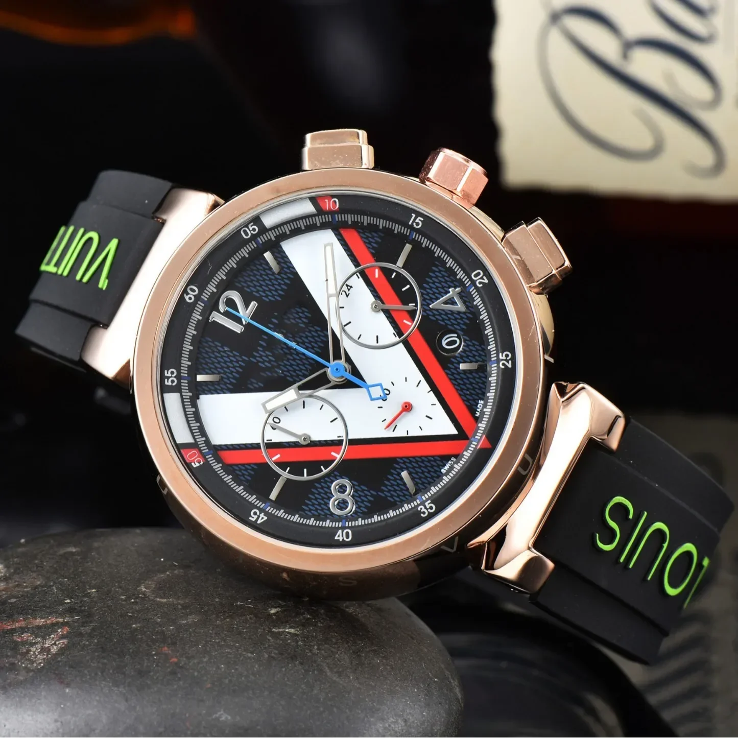 2025 Reloj cronógrafo de lujo para hombre Cristal de zafiro 100M Correa de silicona resistente al agua Movimiento de cuarzo Calendario de fecha