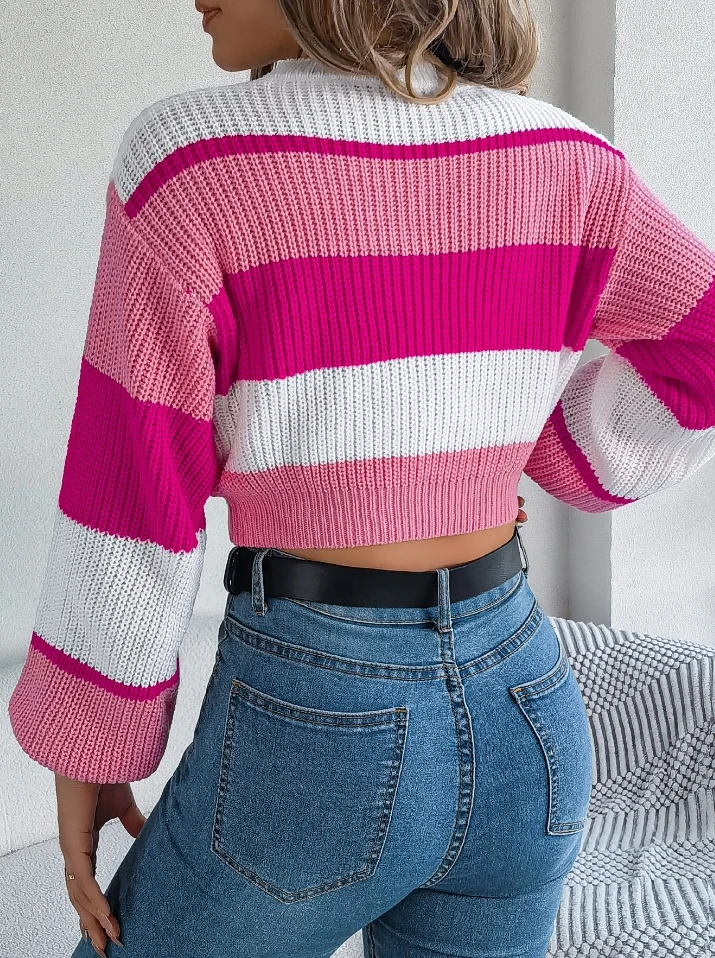 Casual color blocked lantern sleeves with exposed navel sweater