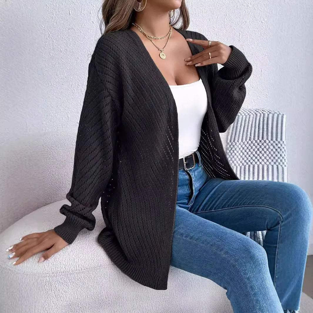 Autumn and Winter Europe and The United States New Leisure Solid Color Hollow Out Long Sleeve Knit Cardigan Sweater Coat Women
